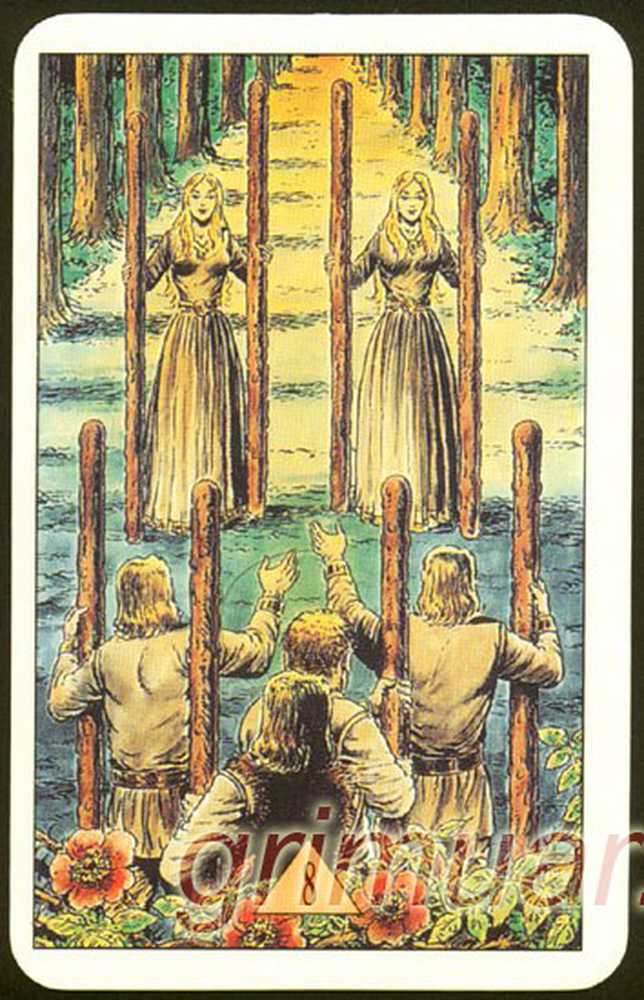 Восьмерка жезлов таро уэйта. Таро иллюминатов 8 жезлов. 8 жезлов таро райдера уэйта. Eight of wands. Три брата в лесу.